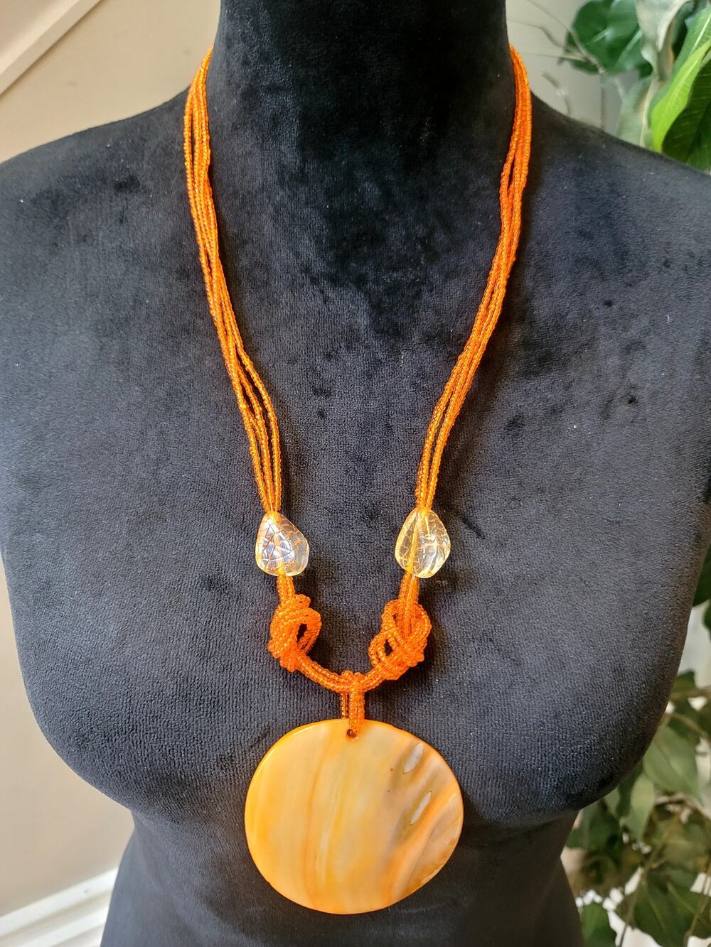 Orange Seed Bead Multi Strand Necklace Large Resin Disc Pendant Boho Statement